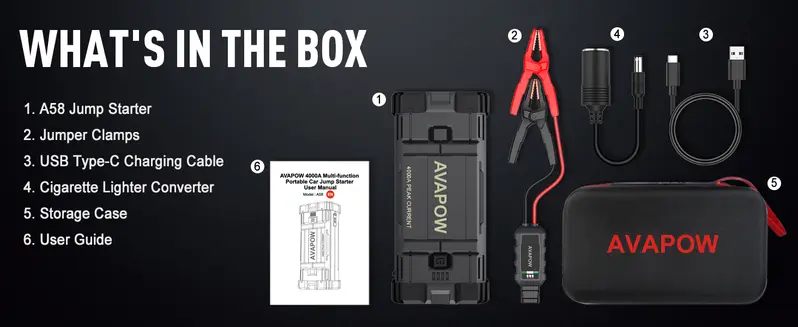 Product Introduction of AVAPOW Car Jump Starter,4000A Peak Battery Jump Starter(for All Gas or Up to 10L Diesel), Portable Booster Power Pack,12V Auto Jump Box, LED Light,FathersDayGift,dealsforyoudays 3