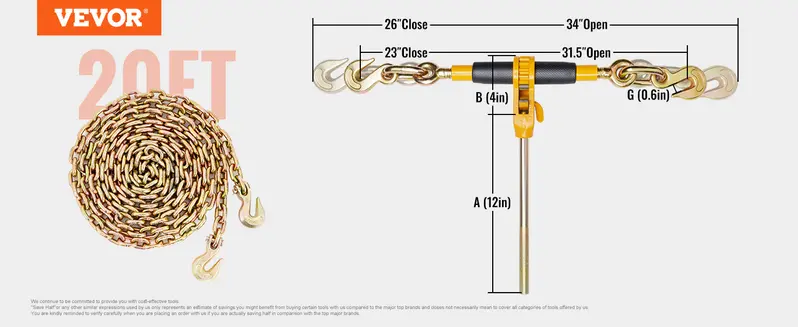 Product Introduction of VEVOR Ratchet Chain Binder 2PCS, 3/8"-1/2" Heavy Duty Load Binders, with G80 Chains 12000 lbs Secure Load Limit, Labor-saving Anti-skid Handle, Tie Down Hauling Chain Binders for Flatbed Truck Trailer 10