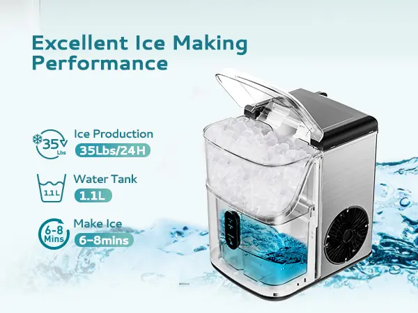 Product Introduction of EUHOMY Nugget Ice Makers Countertop, Pebble Ice Maker Machine with 35lbs/24H&33lbs/24H Soft Ice, Self-Cleaning Sonic Ice Maker with Ice Scoop&Basket, Utensils, Pellet Ice Maker for Home/Kitchen/Office 1