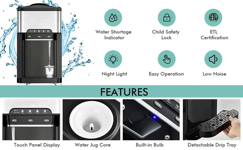 Product Introduction of COSTWAY Countertop Water Cooler Dispenser with Ice Maker, 3 in 1 Top-Loading Hot & Cold Water Dispenser 5 Gallon, 48 LBS Daily-Ice, Portable Ice Cube Makers Machine for Home Kitchen Office Bar 1