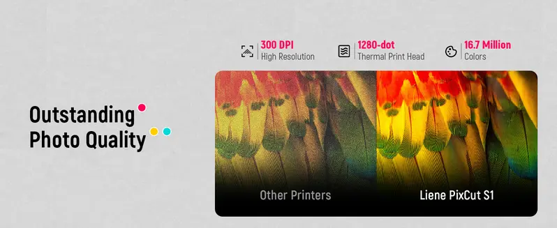 Product Introduction of Liene PixCut S1 Photo Sticker Printer & Cutting Machine - All-in-One Sticker Maker Machine for DIY Crafts, Custom Labels & Gifts, Thermal Dye-Sublimation, 300 DPI Prints, Precise AI Auto-Cutting, Bluetooth wireless printing 3