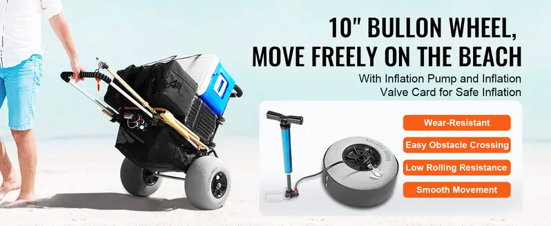 Product Introduction of VEVOR Beach Dolly with Big Wheels for Sand, 29.9" x 15.4" Cargo Deck, w/ 12" Balloon Wheels, 165LBS Loading Capacity Folding Sand Cart & 27" to 44.7" Adjustable Height, Heavy Duty Cart for Beach VEVOR Super Brand Day 6