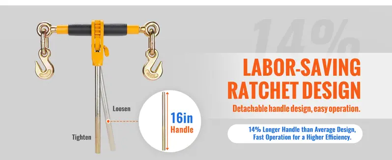 Product Introduction of VEVOR Ratchet Chain Binder 2PCS, 3/8"-1/2" Heavy Duty Load Binders, with G80 Chains 12000 lbs Secure Load Limit, Labor-saving Anti-skid Handle, Tie Down Hauling Chain Binders for Flatbed Truck Trailer 2