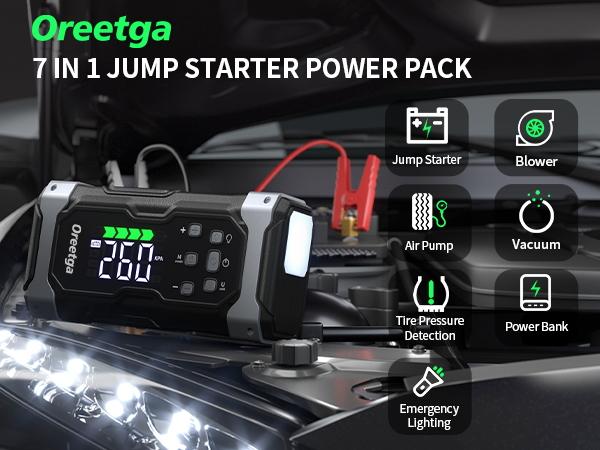 Product Introduction of 8000A Car Battery Jump Starter with Air Inflator/Deflator Compressor, 7 in 1 Portable Jumper Box Power Pack (12L Gas/10.0L Diesel) Combo Cordless Air Pump for Tire Inflator & Large LCD Screen Portable Car 3
