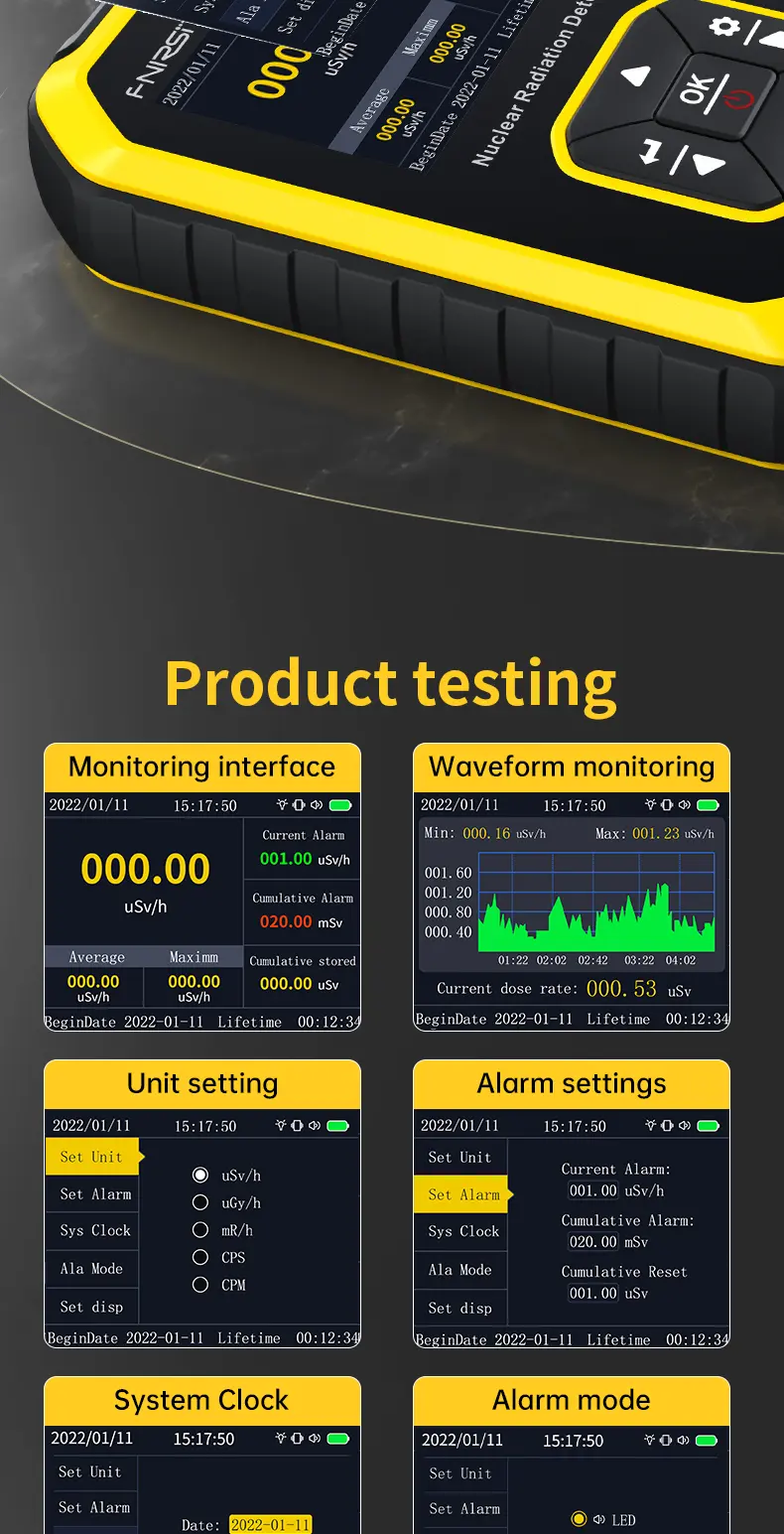 Product Introduction of FNIRSI GC-01 Geiger Counter Nuclear Radiation Detector Personal Dosimeter X-ray γ-ray β-ray Radioactivity Tester Marble Detector 10
