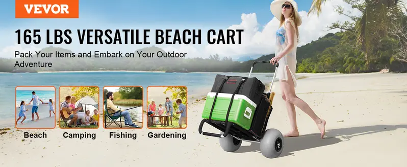Product Introduction of VEVOR Beach Dolly with Big Wheels for Sand, 29.9" x 15.4" Cargo Deck, w/ 12" Balloon Wheels, 165LBS Loading Capacity Folding Sand Cart & 27" to 44.7" Adjustable Height, Heavy Duty Cart for Beach VEVOR Super Brand Day 2
