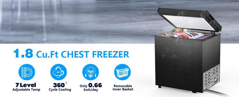 Product Introduction of COWSAR 1.8 Cu.Ft Chest Freezer with Removable Basket and Bottom Defrost Water Drain Freestanding Top Open Door, Deep Freezer, Icebox, Cold Storage, Food Preservation, Mini Freezer with Adjustable 7 Thermostat for Home/Apartment, Black 0