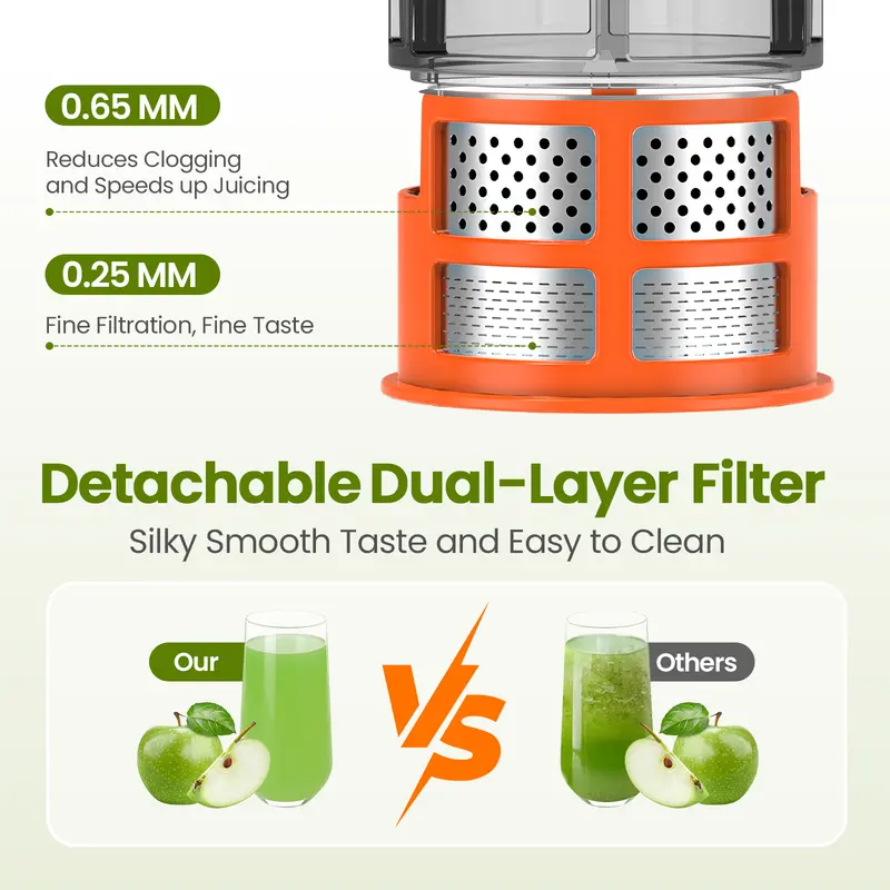 Product Introduction of Large Caliber Cold Press Juicer, Detachable Bidirectional Filter Masticating Juicer Machines with Juice Cup, 65RPM, Dishwasher Safe, Grey 15