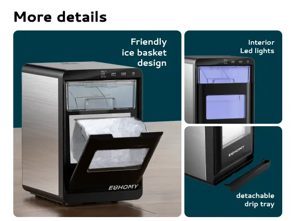 Product Introduction of EUHOMY Nugget Ice Maker Countertop, 35Lbs/24H&44Lbs/24H Pebble Ice Maker Machine, Self-Cleaning Pellet Ice Machine with Ice Scoop&basket, Sonic Countertop Ice Machine for Home/Kitchen/Office(Black) 10
