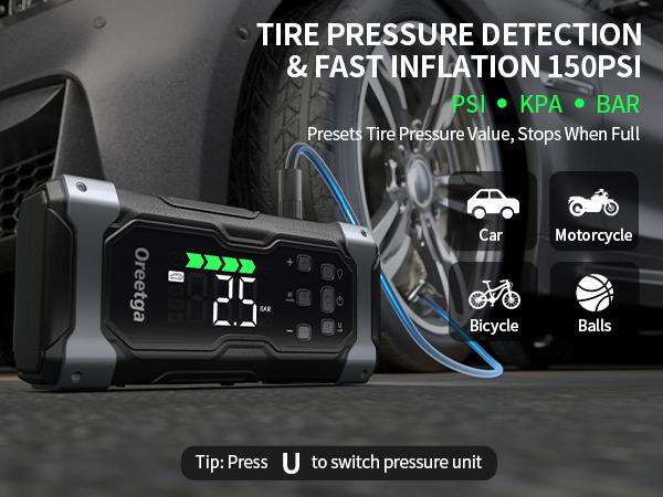 Product Introduction of 8000A Car Battery Jump Starter with Air Inflator/Deflator Compressor, 7 in 1 Portable Jumper Box Power Pack (12L Gas/10.0L Diesel) Combo Cordless Air Pump for Tire Inflator & Large LCD Screen Portable Car 1