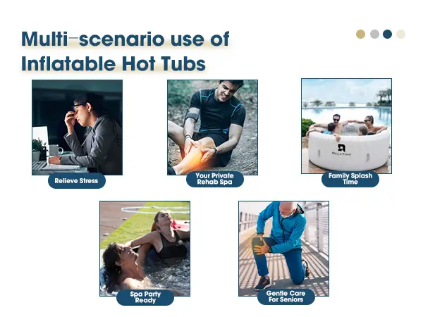 Product Introduction of 4 to 6 Person Inflatable Hot Tub,Inflatable Square Spa Portable Outdoor Hottub,130 Soothing Bubble Air Jets,Insulation Cover(Energy-Saving) FathersDayGift Water Safety 2
