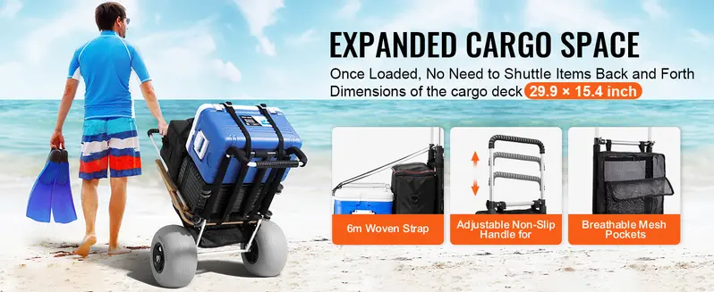 Product Introduction of VEVOR Beach Dolly with Big Wheels for Sand, 29.9" x 15.4" Cargo Deck, w/ 12" Balloon Wheels, 165LBS Loading Capacity Folding Sand Cart & 27" to 44.7" Adjustable Height, Heavy Duty Cart for Beach VEVOR Super Brand Day 4