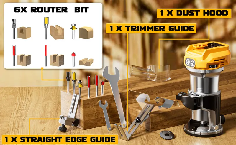 Product Introduction of 800W Cordless Compact Router for DeWalt 20V Battery, Battery NOT Included, 6 Variable Speeds Router Tool for Woodworking, 30,000 RPM Fixed Base Wood Router with Trim Router Bits, Edge & Roller Guide, Dust Hood FathersDayGift 11