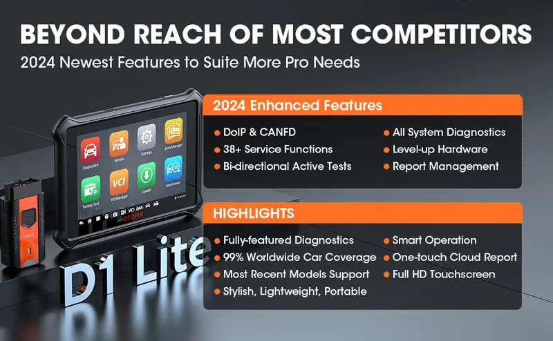 Product Introduction of Autel OTOFIX D1 Lite OBD2 Scanner Bidirectional Scan Tool with 2-Year Updates, 38+ Reset Services, Key Programming, Active Test, CANFD&DOIP, Active Test CANFD&DOIP, AutoVIN 8