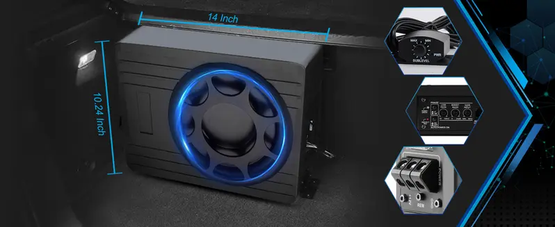 Product Introduction of 10 Inch 800W Car Subwoofer,Slim Under Seat Car Subwoofer Powered, High/Low Level Input, Car/Truck Car Audio Subwoofer Sub Built in Amplifier 17