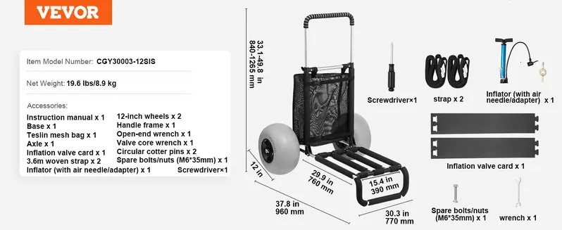 Product Introduction of VEVOR Beach Dolly with Big Wheels for Sand, 29.9" x 15.4" Cargo Deck, w/ 12" Balloon Wheels, 165LBS Loading Capacity Folding Sand Cart & 27" to 44.7" Adjustable Height, Heavy Duty Cart for Beach VEVOR Super Brand Day 12