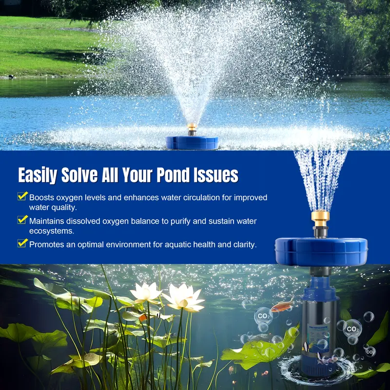 Product Introduction of Pond Fountain Aerator 750W, 1HP 15000 GPH Floating Aerating Pump with Stainless Steel Body, 120ft Power Cord & Multifunctional Timer for Small & Large Ponds & Lakes (120V) 7