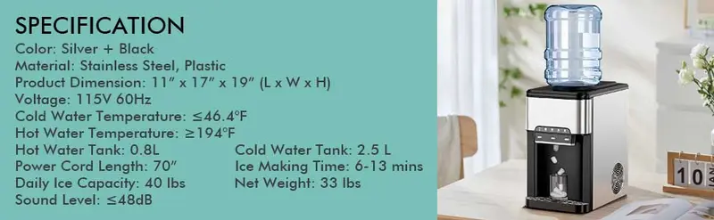 Product Introduction of COSTWAY Countertop Water Cooler Dispenser with Ice Maker, 3 in 1 Top-Loading Hot & Cold Water Dispenser 5 Gallon, 48 LBS Daily-Ice, Portable Ice Cube Makers Machine for Home Kitchen Office Bar 3