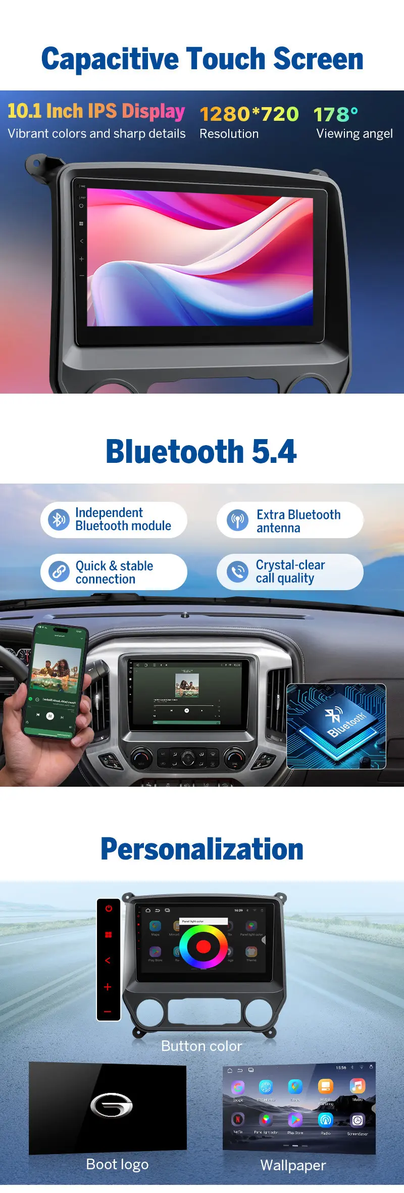 Product Introduction of Eonon Car Stereo for Chevy Silverado GMC Sierra 2014, 2015, 2016, 2017, 2018, Android 14 Head Unit Wired/ Wireless CarPlay Android Auto, 10.1" Car Radio Touch Screen, SWC, Sub, BT, Backup Camera, Dashboard Upgrade - GMSX7 14